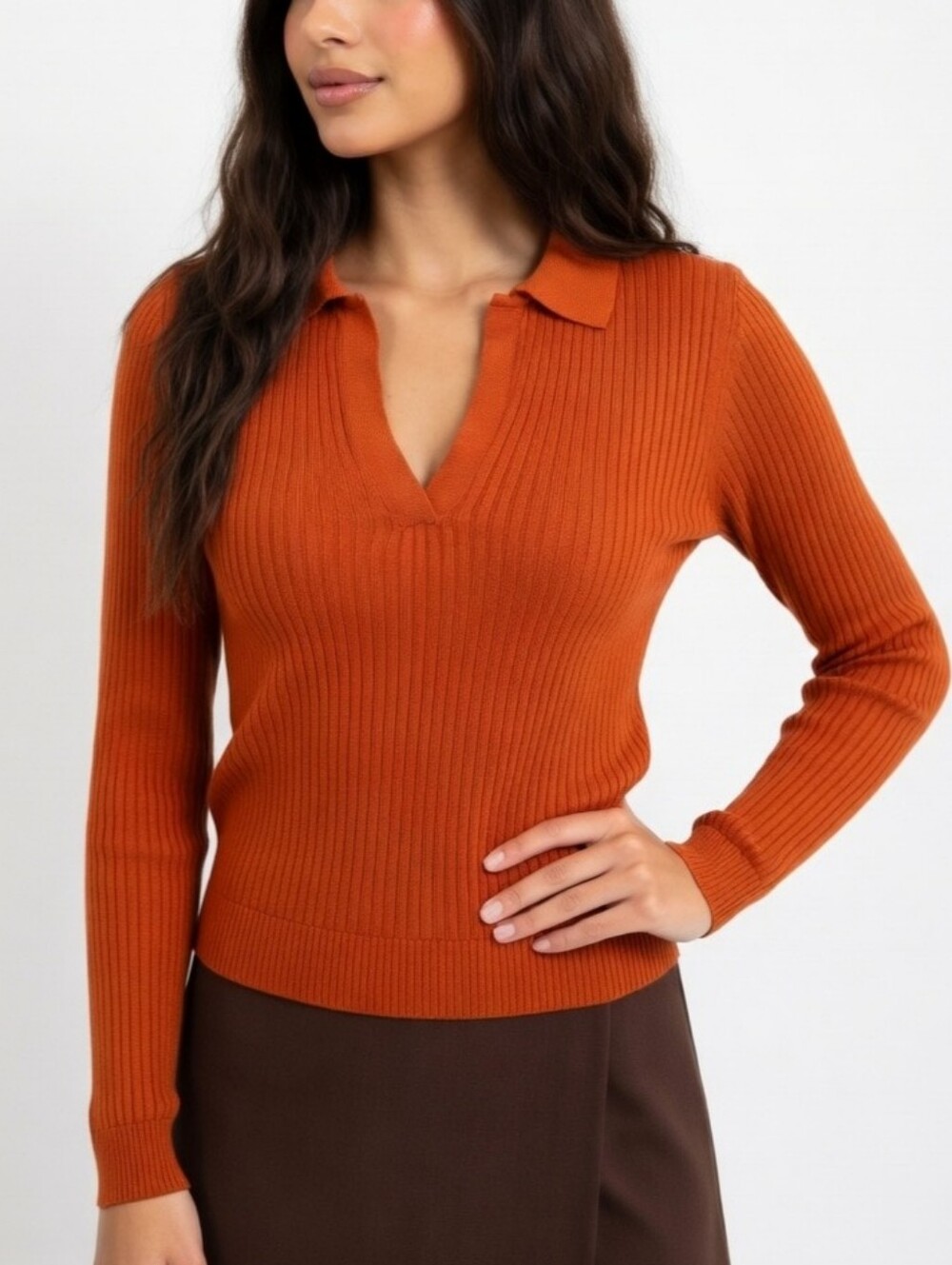 Zara Women's Orange Ribbed Collared V-Neck Long Sleeve Top Size S
